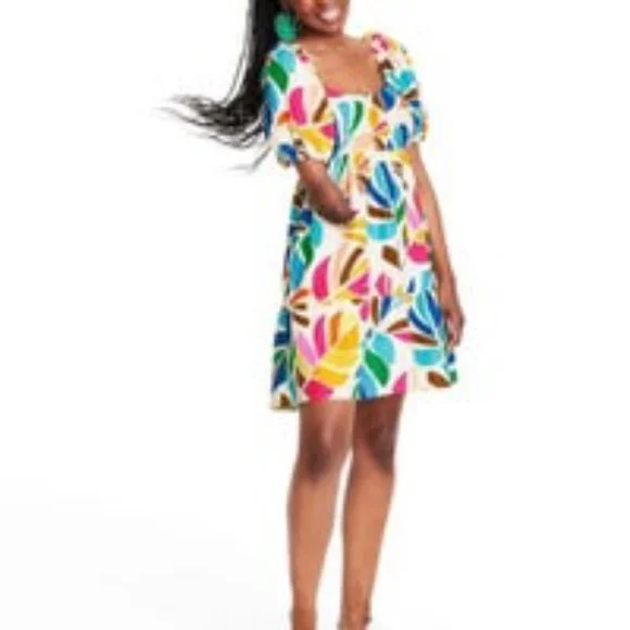 Tabitha Brown | Dresses | Tabitha Brown Botanical Leaf Print Puff Short  Sleeve Linen Mini Dress | Poshmark